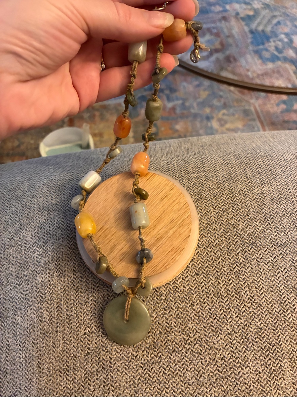 Handmade Olive Green and Amber Beaded Pendant Necklace